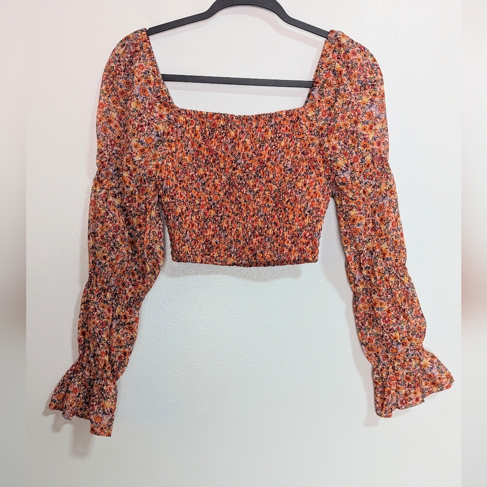 🌸Violet Romance Orange Floral Smocked Off Shoulder Long Sleeve Crop Top US 2